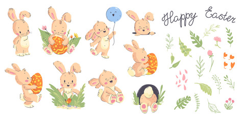 Vector collection of hand drawn cute little rabbit character poses, Happy easter congratulation and floral decorative elements isolated on white background. Good for holiday cards, banners, tags etc.