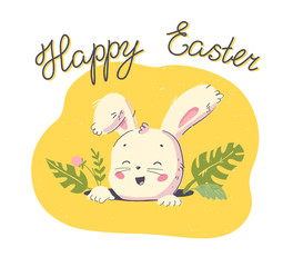 Vector Happy Easter congratulation with hand drawn cute little rabbit character head in hole and floral decorative elements isolated on white background. Good for holiday card, banner, tag, print etc.