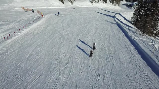 Aerial view of skiing beginners, training in Flachau, Austria.