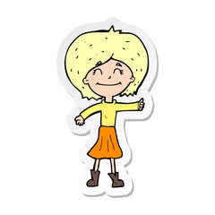 sticker of a cartoon happy girl giving thumbs up symbol