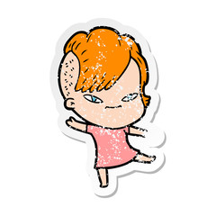 distressed sticker of a cute cartoon girl with hipster haircut