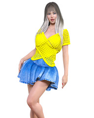 Long-haired brunette woman short summer blue denim skirt.Yellow light transparent mesh blouse.Beautiful girl standing sexually pose.3D rendering isolate illustration.Spring-summer clothes collection