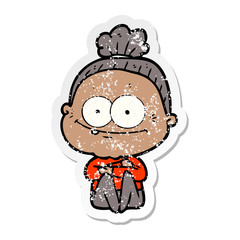 distressed sticker of a cartoon happy old woman