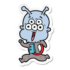 sticker of a happy cartoon alien running