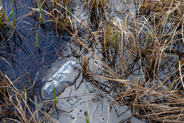 Littered by the edge of the lake by plastic bottles. Polluted environment in the forest area.
