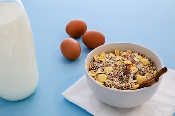 Healthy breakfast with muesli and milk.