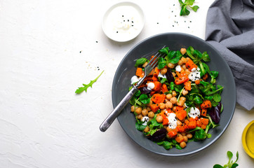 Healthy Vegetarian Salad, Roasted Pumpkin and Chickpea Salad in a Bowl