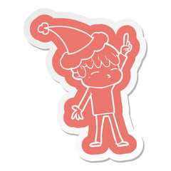 cartoon  sticker of a curious boy wearing santa hat