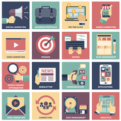 Icons of digital marketing, video advertising, social media campaign, newsletter promotion, pay per click service, website seo optimization. Flat design modern vector illustration concept.