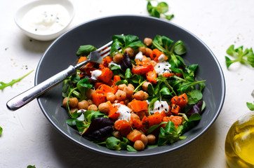 Healthy Vegetarian Salad, Roasted Pumpkin and Chickpea Salad in a Bowl