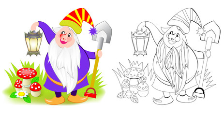 Illustration of cheerful gnome holding a torch.  Colorful and black and white page for baby coloring book. Printable worksheet for children and adults. Vector cartoon image.