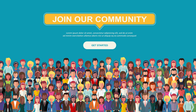 Join our community. Crowd of united people as a business or creative community standing together. Flat concept vector website template and landing page design for invitation to summit or conference