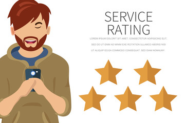 Service rating concept of young woman using smartphone to leave a feedback. Concept of feedback,testimonials messages and notifications.Rating on customer service illustration.Flat vector illustration