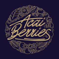 Circle concept berries acai vector line. hand drawing, funny doodles on a dark background with lettering.