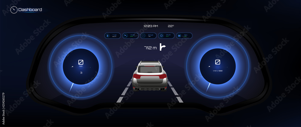Poster automotive dashboard, futuristic style. car instrument panel. tachometer, data display and navigatio
