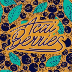 Concept berries acai vector line. hand drawing, funny doodles on a yellow background with lettering. © Ангелина Иванько