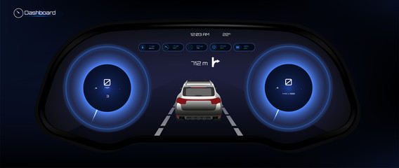 Fototapeta premium Automotive Dashboard, Futuristic Style. Car Instrument Panel. Tachometer, Data Display and Navigation (gps) Template Automotive Dashboard. Vector illustration