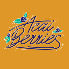 Concept berries acai vector line. hand drawing, funny doodles on a yellow background with lettering.