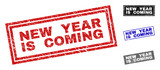Grunge NEW YEAR IS COMING rectangle stamp seals isolated on a white background. Rectangular seals with grunge texture in red, blue, black and grey colors.