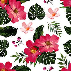 Tropical flowers with leaves seamless pattern 