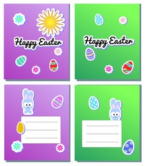 Set Vector Happy Easter Card Templates with stickers eggs, bunnies, flowers, sun. Illustration for spring greeting cards and invitations. Green and purple background. Banner, scrapbook album or post