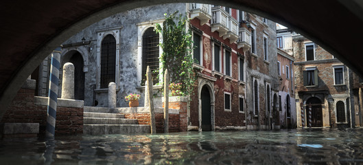 Floating in the Canal's of the enchanting romantic architecture and waterways of Italy. 3d rendering illustration