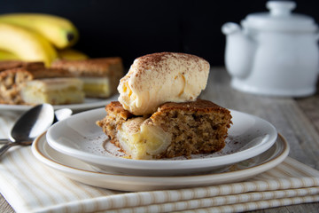 Homemade pie ,cake and ice cream. Banana cake or pie. Dessert or breakfast. Sweet food ideas. Tempalte for food bolg.