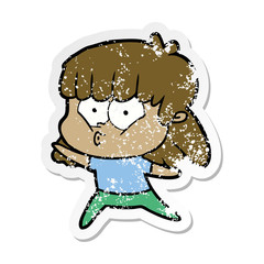 distressed sticker of a cartoon whistling girl