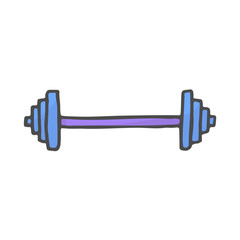 Freehand drawn color cartoon barbell. Vector doodle rod.