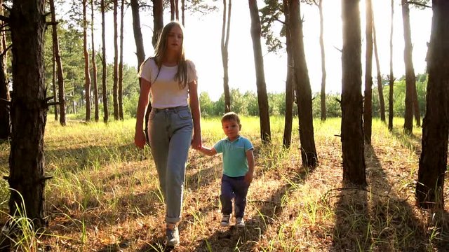 Slow motion cinematic view on young sister holding adorable little brother hand walking through sunny pine forest