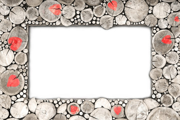 Isolate wooden frame with red hearts from wood cuts gray