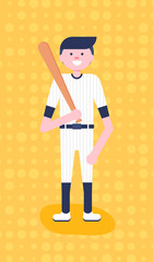Vector Illustration. Baseball cartoon character in flat style. Baseball player with willow in yellow circle background