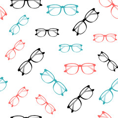 Seamless pattern with Glasses. Vector glasses model icons. Sunglasses, glasses, isolated on white background. Silhouettes in modent colors
