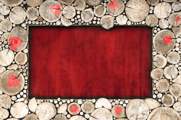 Wooden frame with red hearts from the wood cuts of brown color on a red background