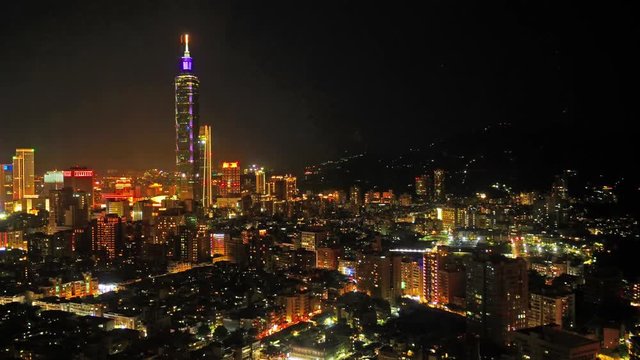 Taipei city night time lapse, wide view of capital city of Taiwan