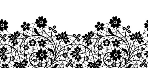 Black lace border with flowers isolated on white background
