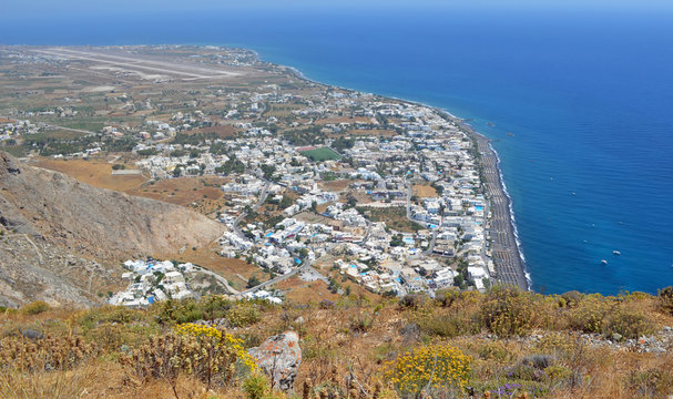View of Kamari  and Santorini Airport  taken from above.