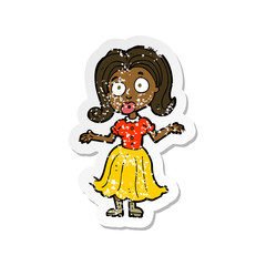 retro distressed sticker of a cartoon confused girl