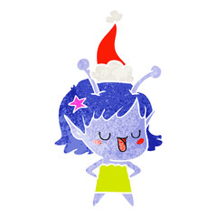 happy alien girl retro cartoon of a wearing santa hat