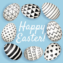Happy Easter greeting card. Hand drawn Easter eggs with black and white ink pattern on blue background