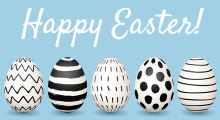 Happy Easter greeting card. Hand drawn Easter eggs with black and white ink pattern on blue background
