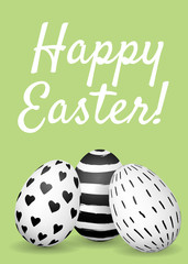 Happy Easter greeting card. Hand drawn Easter eggs with black and white ink pattern on green background