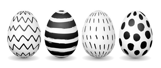 Easter eggs isolated on white. Hand drawn black and white ink pattern