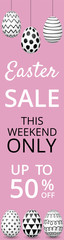Easter sale banner. Hand drawn Easter eggs with black and white ink pattern on pink background. Vertical web banner