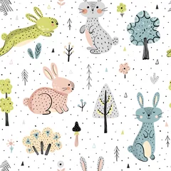 Fotobehang Scandinavische stijl Naadloos patroon met konijntjes in het bos. Kinderachtige achtergrond in moderne Scandinavische stijl. vector illustratie