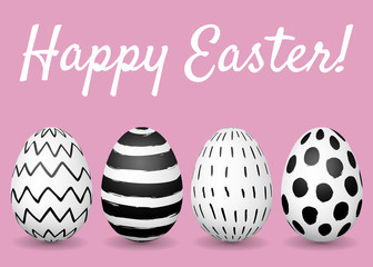Happy Easter greeting card. Hand drawn Easter eggs with black and white ink pattern on pink background