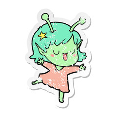 distressed sticker of a happy alien girl cartoon