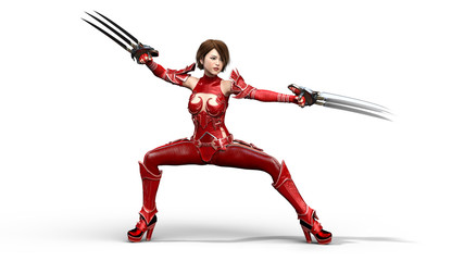 Asian warrior princess with claw blades, fantasy fighter girl in battle armor holding scythe blades, isolated on white, 3D rendering
