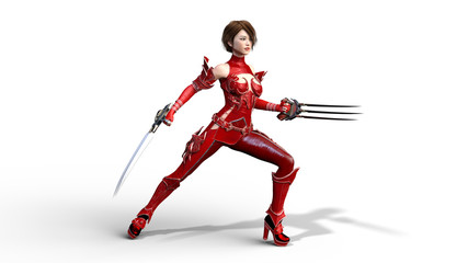 Fototapeta premium Asian warrior girl with claw blades performing martial arts, fighting woman in battle armor holding scythe weapon, isolated on white, 3D rendering