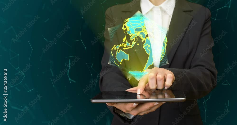 Poster abstract globe with particles and plexus structure. digital technology planet with continent forming